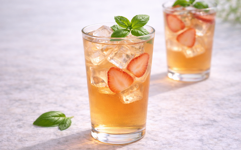 basil strawberry white iced tea served over ice with fresh strawberries and basil