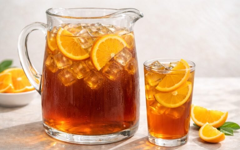 black tea orange pitcher with ice and fresh orange slices