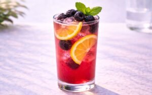 blackberry lemonade with lemon slices and fresh blackberries