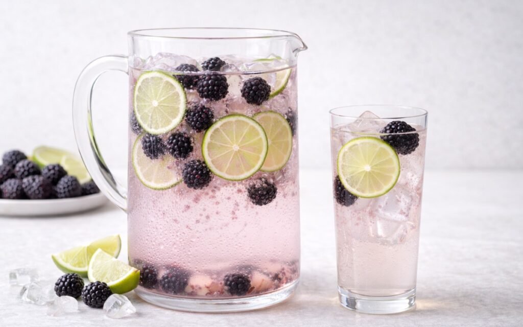 pitcher of blackberry lime infused water with whole berries and lime slices
