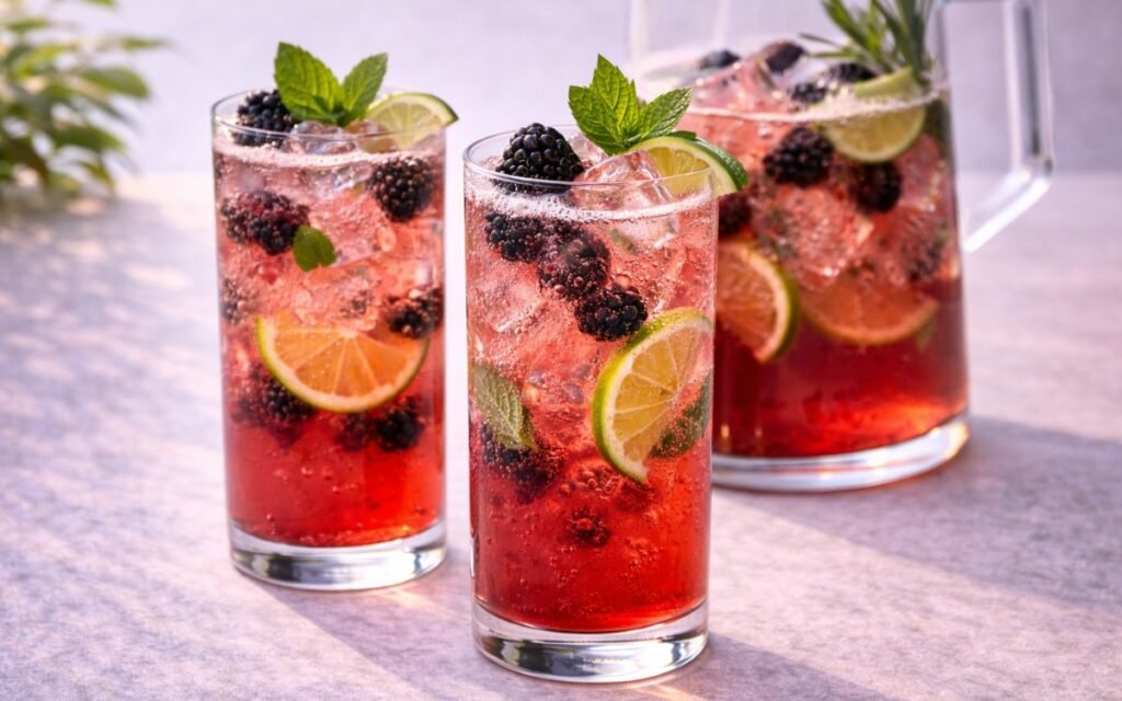 blackberry mojito mocktail served over ice with mint, lime, and fresh blackberries