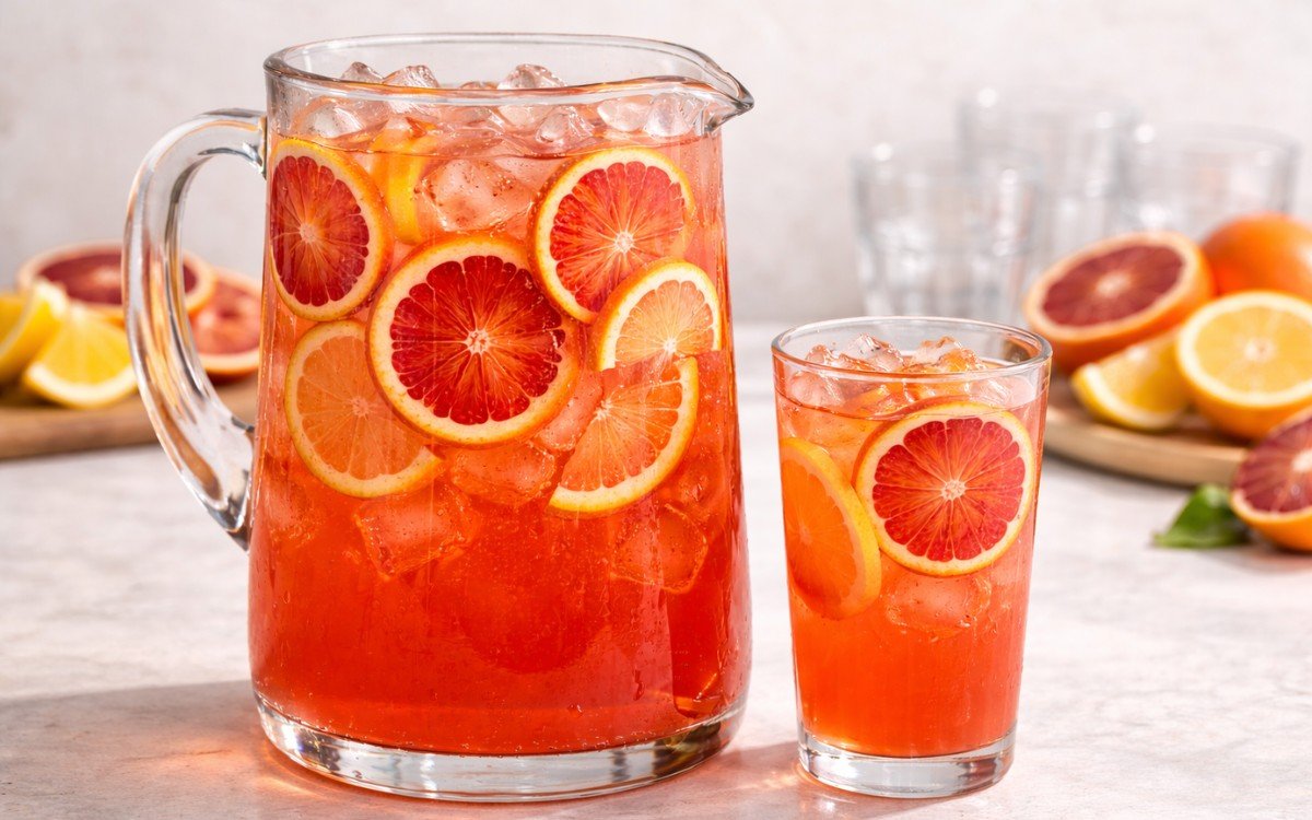 blood orange citrus pitcher drink with ice and fresh citrus slices