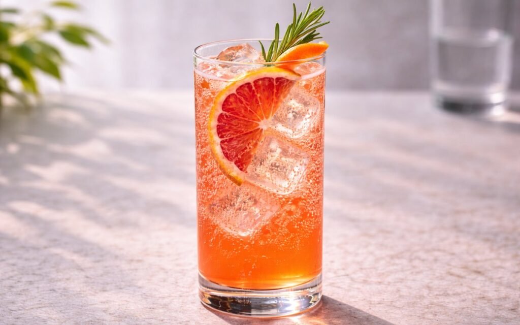 blood orange fizz spritzer with rosemary , ice, slice and peel twist of blood orange