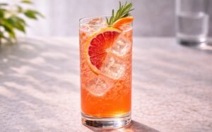 blood orange fizz spritzer with rosemary , ice, slice and peel twist of blood orange