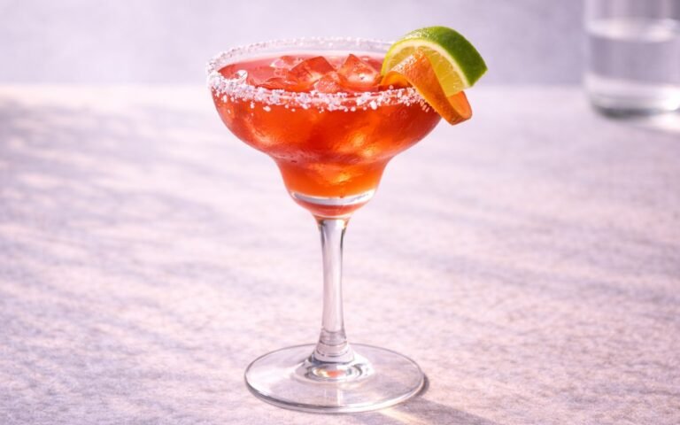 blood orange margarita mocktail with salted rim orange peel twist lime slice and ice