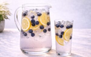 Pitcher of blueberry lemon infused water with fresh blueberries and lemon slices