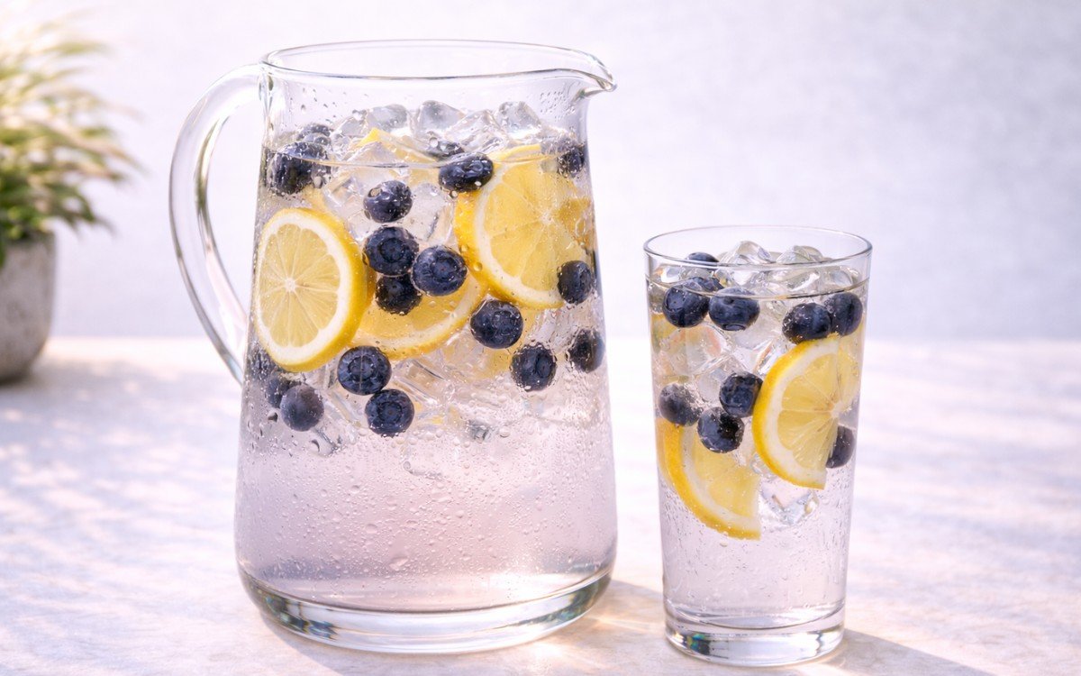 Pitcher of blueberry lemon infused water with fresh blueberries and lemon slices