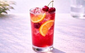 cherry lemonade with lemon slices and fresh cherries