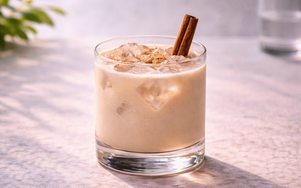 chocolate cinnamon horchata served over ice with ground cinnamon