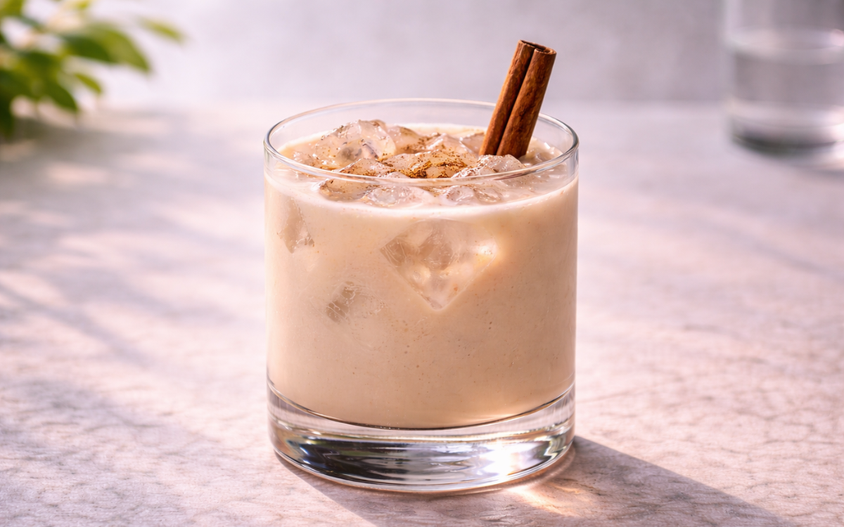 chocolate cinnamon horchata served over ice with ground cinnamon