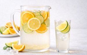pitcher of citrus medley infused water with orange lime and lemon slices