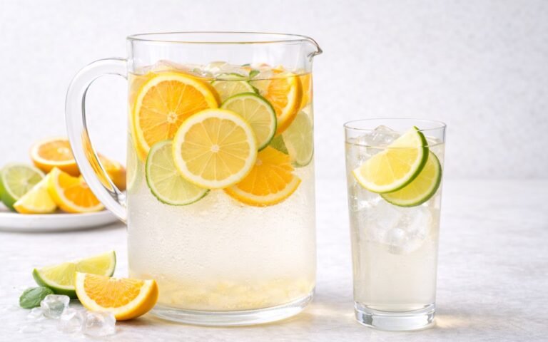pitcher of citrus medley infused water with orange lime and lemon slices