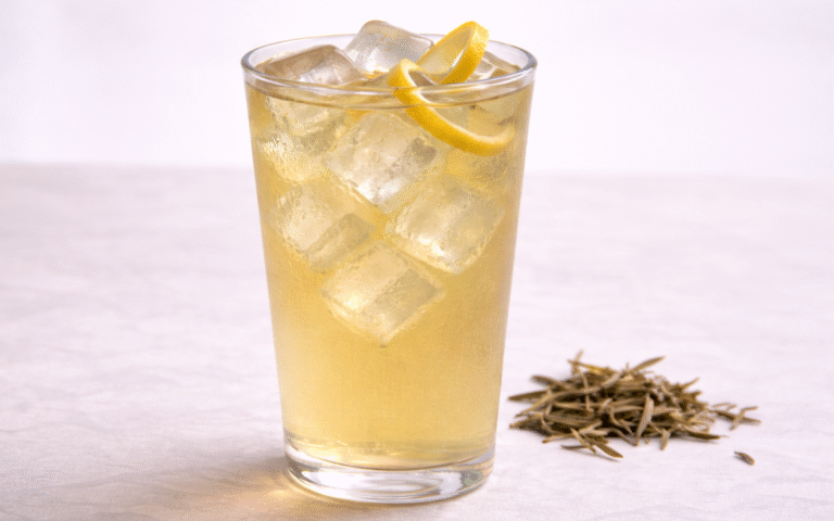 classic iced white tea served over ice with lemon peel