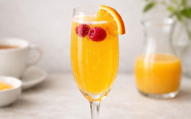 classic mimosa mocktail made with fresh orange juice and sparkling beverage