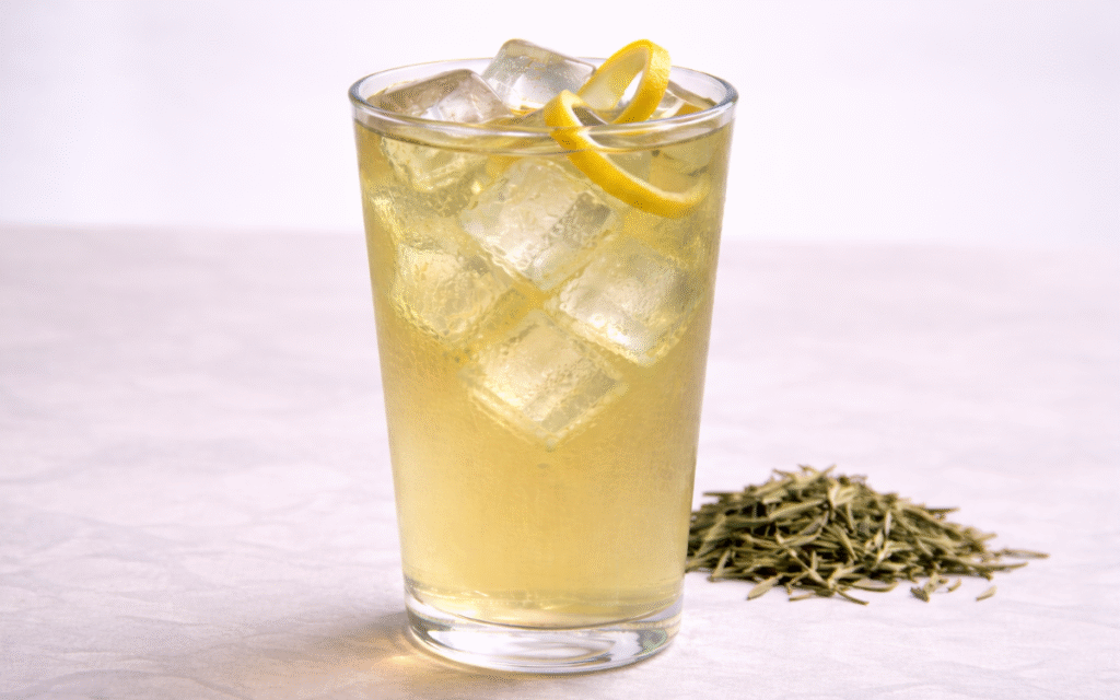 cold brew green tea served over ice with lemon peel twists