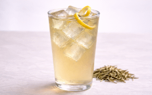 cold brew white tea served over ice with lemon peel twist