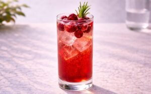 cranberry spritzer mocktail with rosemary and ice