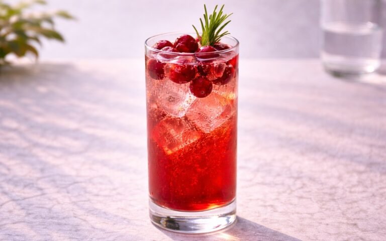 cranberry spritzer mocktail with rosemary and ice