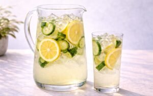 pitcher of cucumber lemon infused water with sliced cucumber and lemon