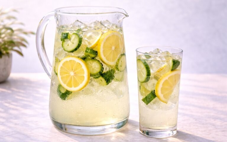 pitcher of cucumber lemon infused water with sliced cucumber and lemon