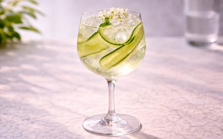 lderflower cucumber spritz mocktail served over ice with cucumber ribbons