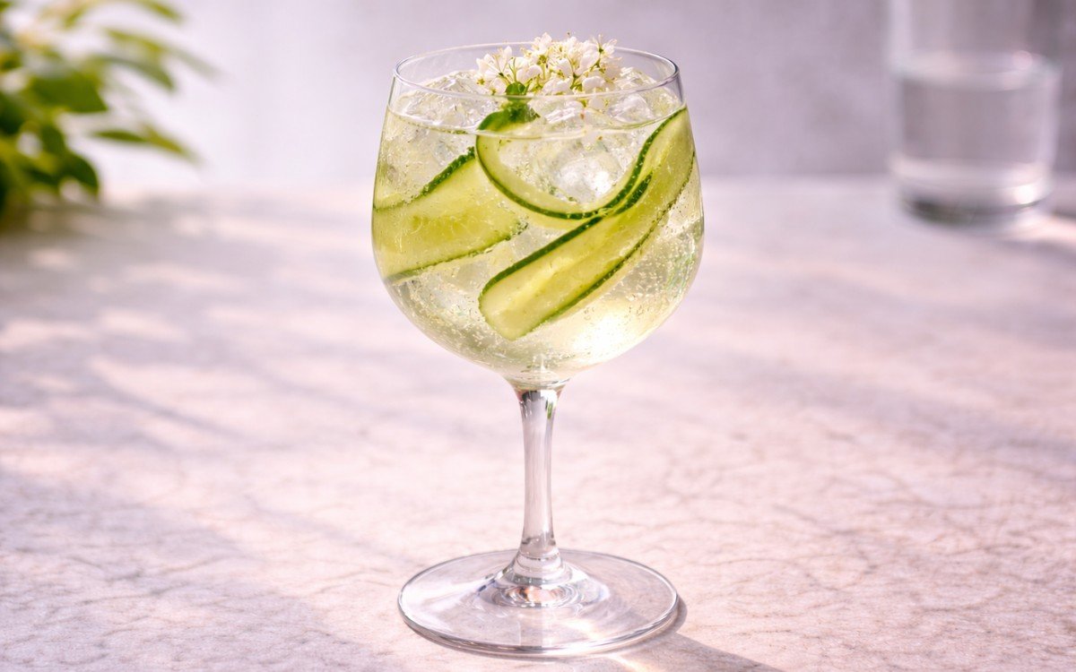 lderflower cucumber spritz mocktail served over ice with cucumber ribbons