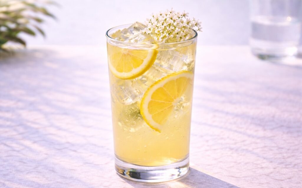 elderflower lemonade with lemon slices ice and elderflower cluster