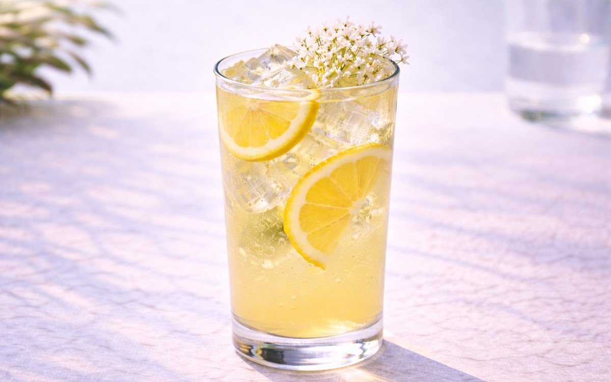elderflower lemonade with lemon slices ice and elderflower cluster