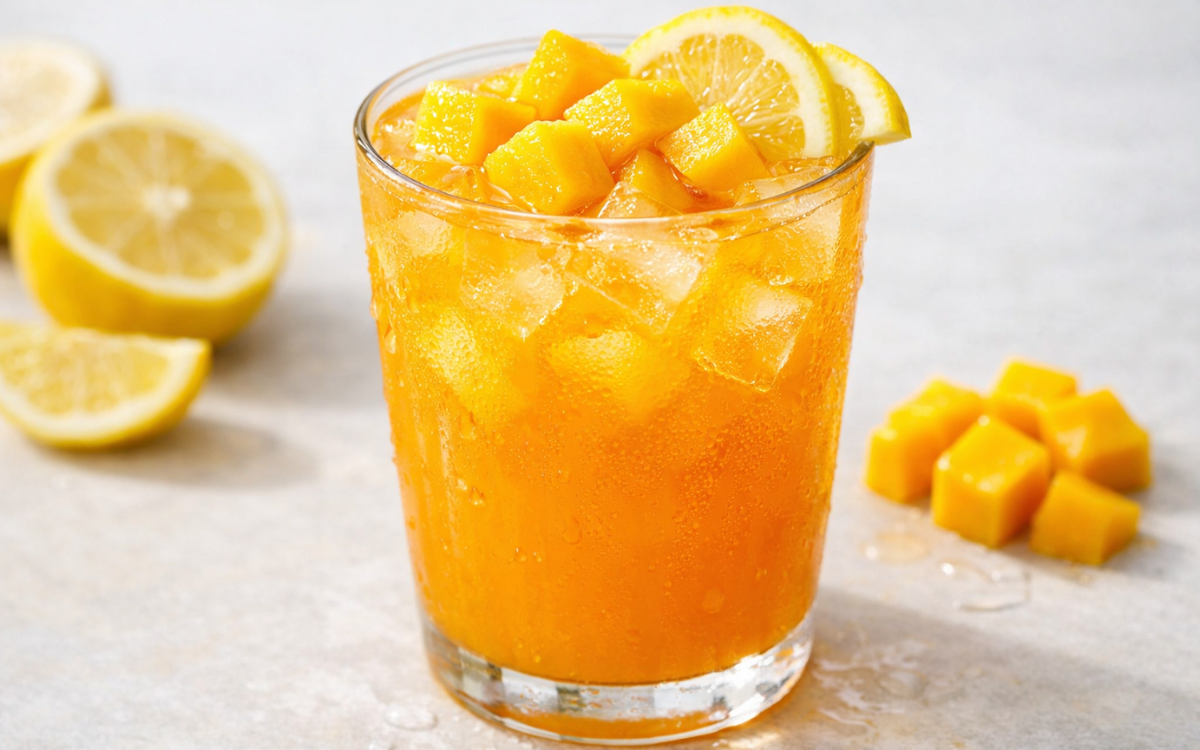 fresh mango lemonade with ice, lemon slices, and mango cubes