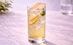 fuji apple ginger fizz mocktail served over ice with apple slices and fresh ginger