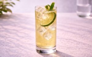 ginger lime beer mocktail with ice and lime peel