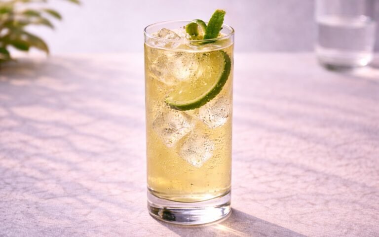 ginger lime beer mocktail with ice and lime peel