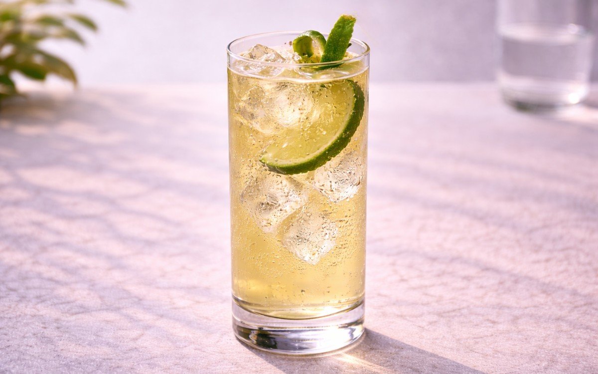 ginger lime beer mocktail with ice and lime peel