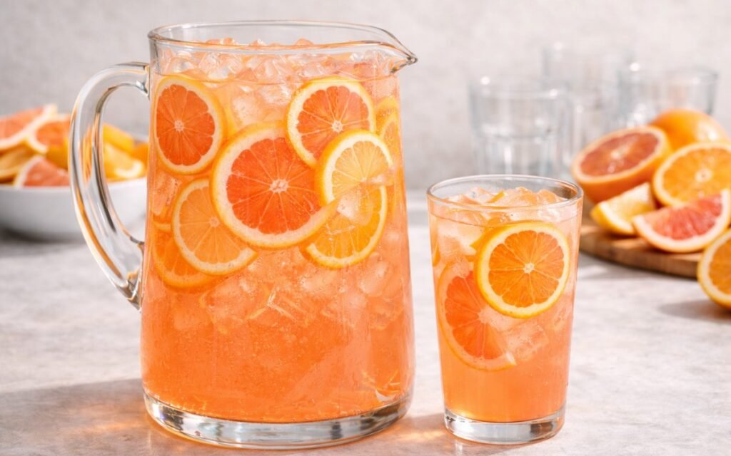 grapefruit orange pitcher drink with ice and citrus slices