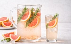 pitcher of grapefruit rosemary infused water with sliced grapefruit and rosemary