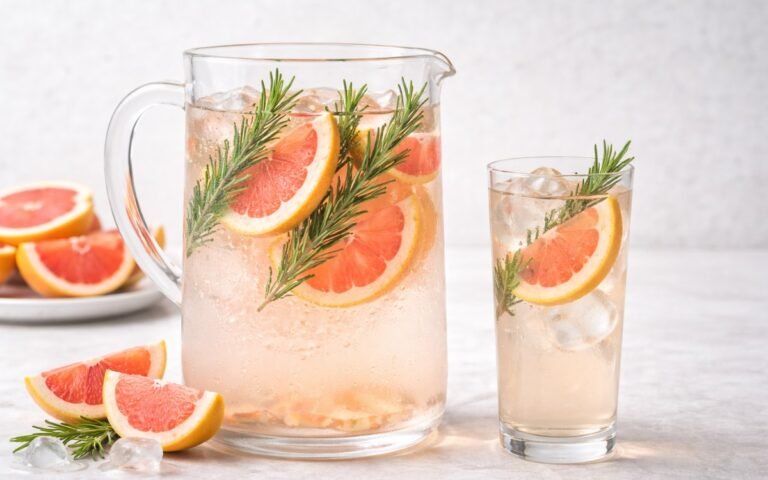 pitcher of grapefruit rosemary infused water with sliced grapefruit and rosemary