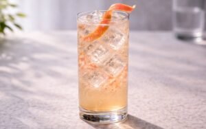 grapefruit tonic mocktail with grapefruit pulp and tonic over ice with grapfruit peel twist