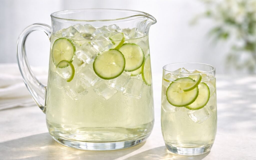 green tea cucumber pitcher with ice and fresh cucumber slices