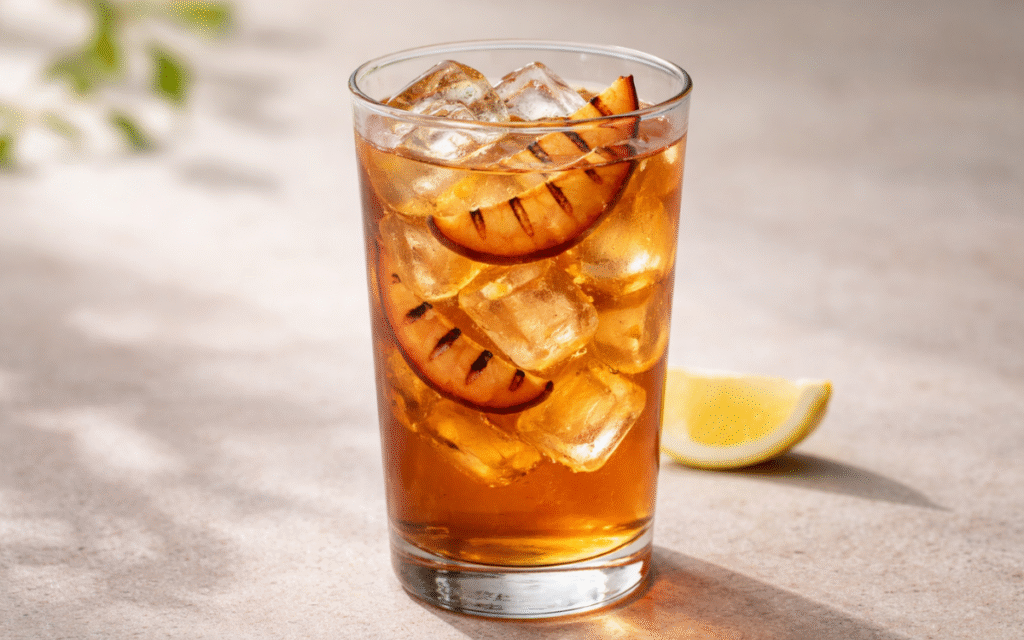 grilled peach black iced tea served over ice with grilled peach slices