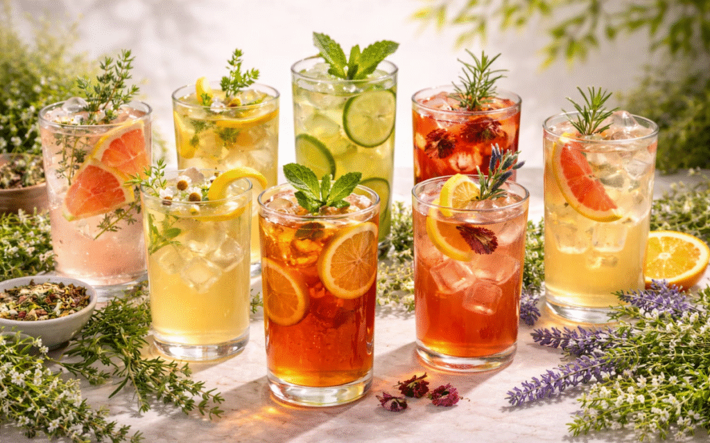 A selection of herbal and botanical summer drinks with citrus, fresh herbs, and iced tea bases.