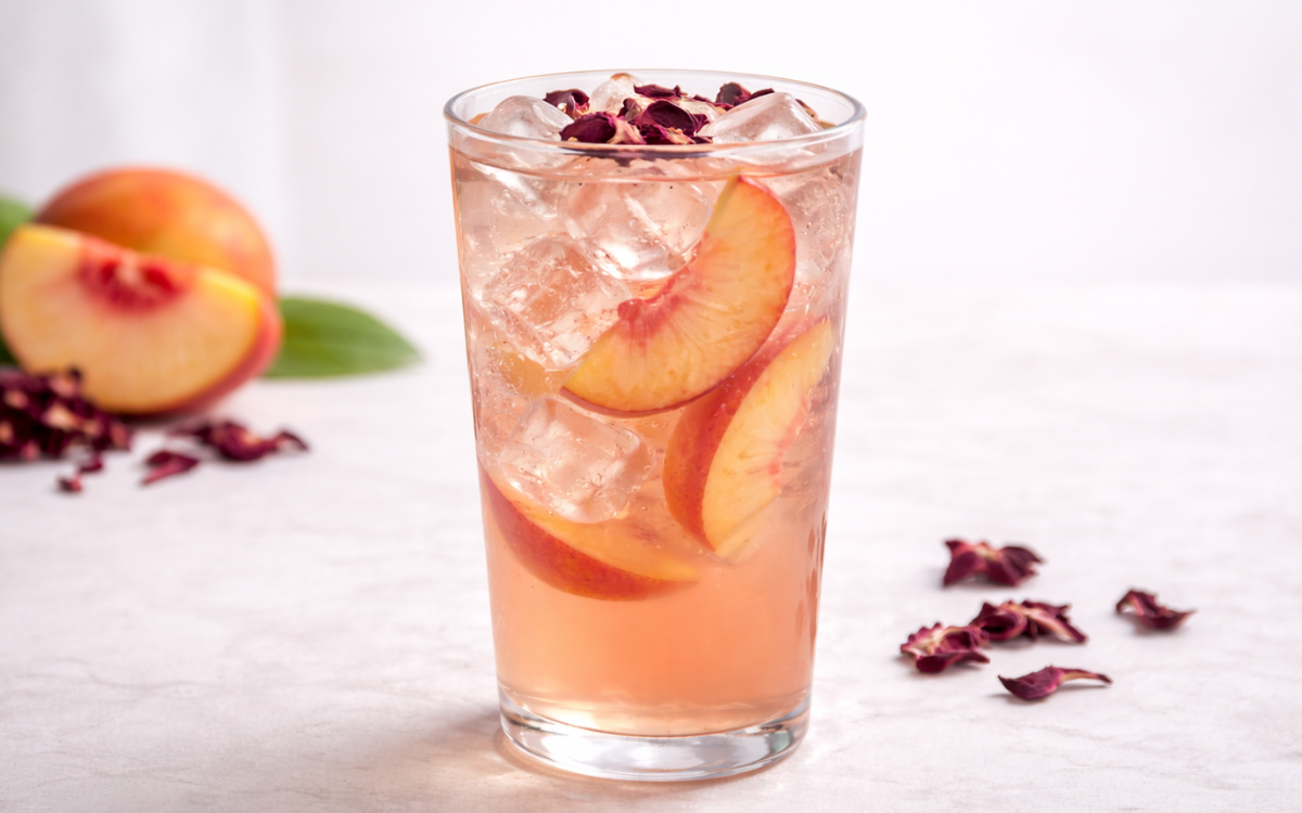hibiscus peach white iced tea served over ice with peach slices