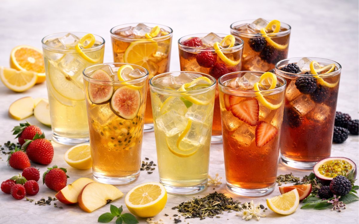 Assorted iced teas with citrus and fresh fruit, including black and green tea coolers served over ice