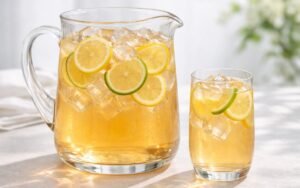 iced tea lemonade pitcher with lemon and lime slices