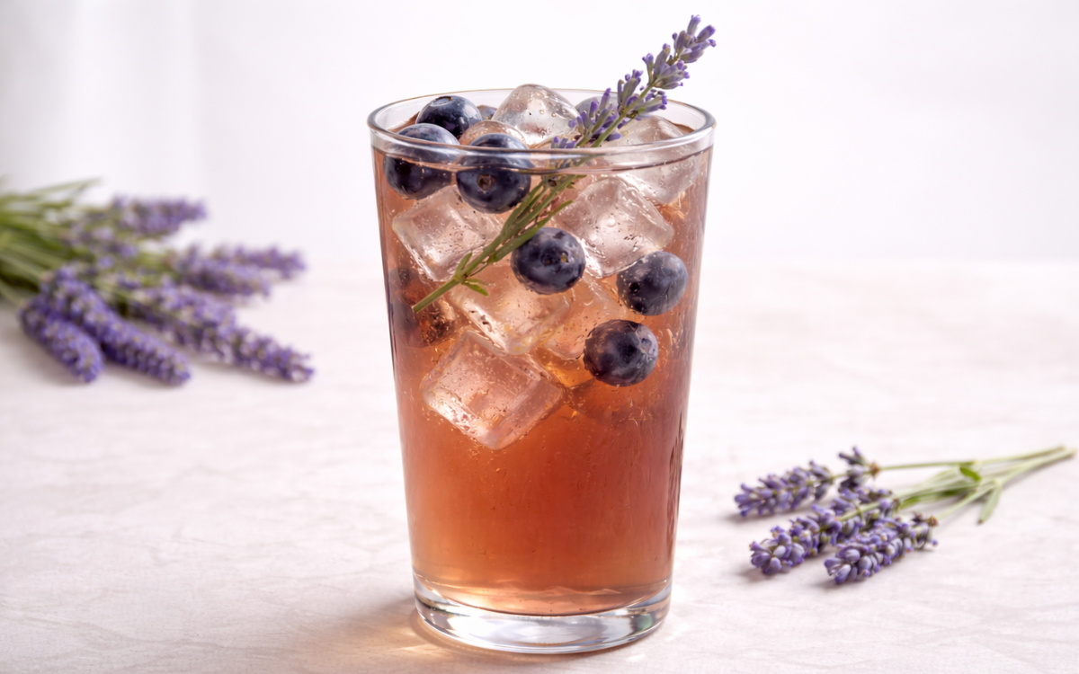 lavender blueberry iced tea served over ice with fresh blueberries and lavender sprig