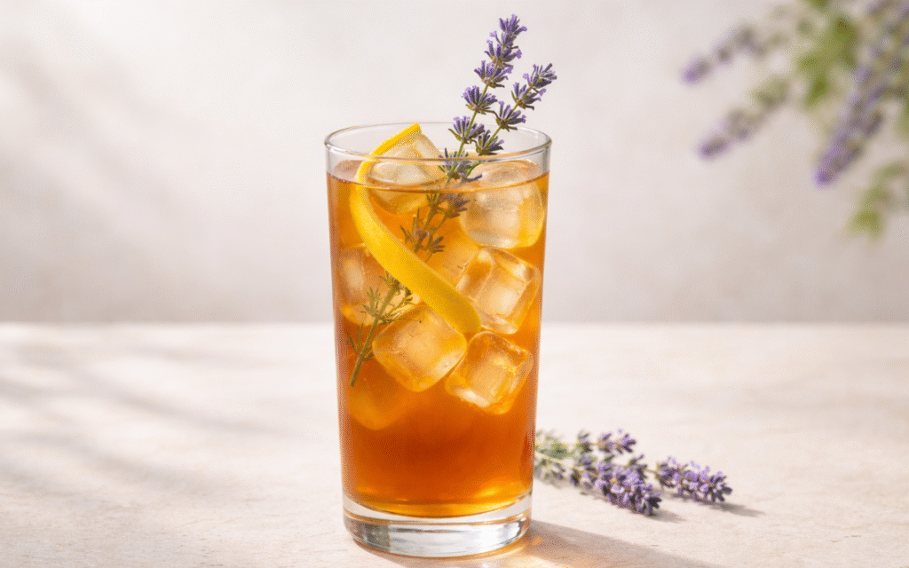 lavender lemon iced tea served over ice with lemon peel and lavender sprig