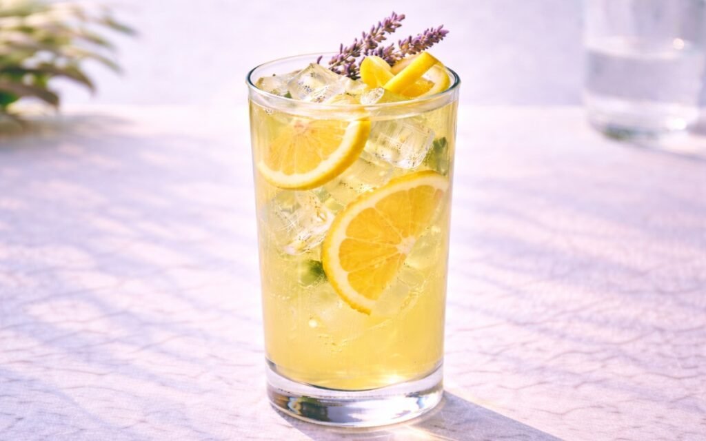 lavender lemonade with lemon slices and lavender sprigs