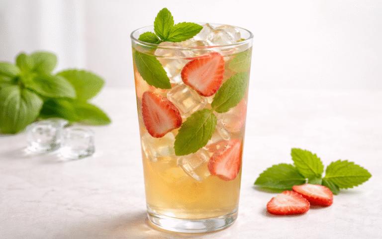 lemon balm strawberry green iced tea served over ice with fresh herbs and strawberries