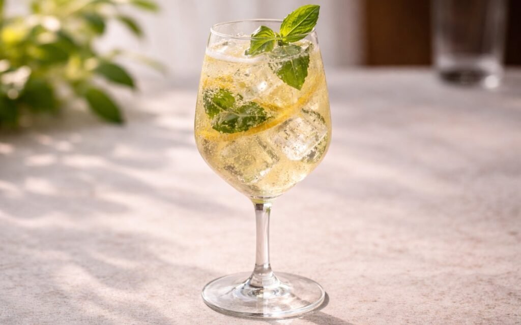 lemon basil spritz mocktail served over ice with basil leaves and lemon peel