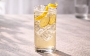 lemon ginger tonic mocktail served over ice with lemon peel and fresh ginger