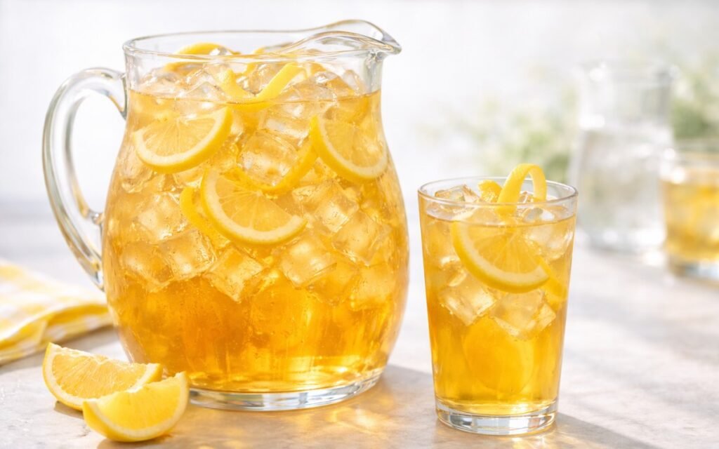lemon iced tea pitcher with lemon slices and ice